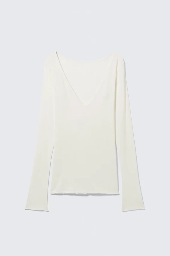 Langarmshirt mit tiefem V-Ausschnitt – Weiß Langarmshirt mit tiefem V-Ausschnitt – Weiß