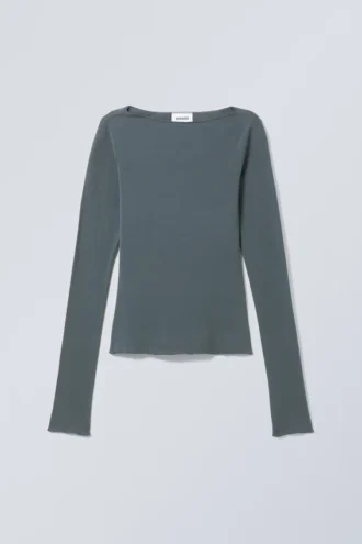 Langarmshirt mit U-Boot-Ausschnitt aus Baumwolle – Petrol