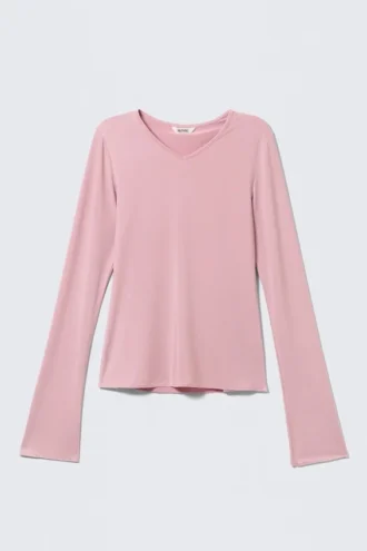 Langarmshirt mit V-Ausschnitt – Hellrosa