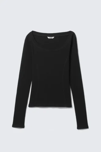 Langarmshirt mit weitem Ausschnitt – Schwarz