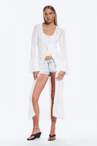 Lange, gerippte Strickjacke mit V-Ausschnitt – Weiß