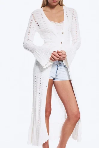 Lange, gerippte Strickjacke mit V-Ausschnitt – Weiß