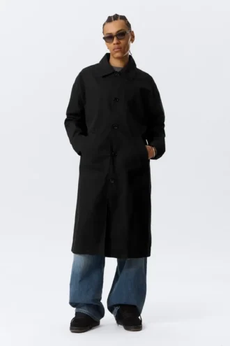 Langer, einreihiger Baumwoll-Car-Coat – gewaschen, schwarz