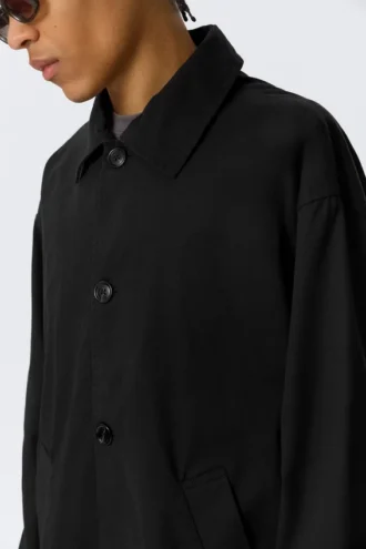 Langer, einreihiger Baumwoll-Car-Coat – gewaschen, schwarz