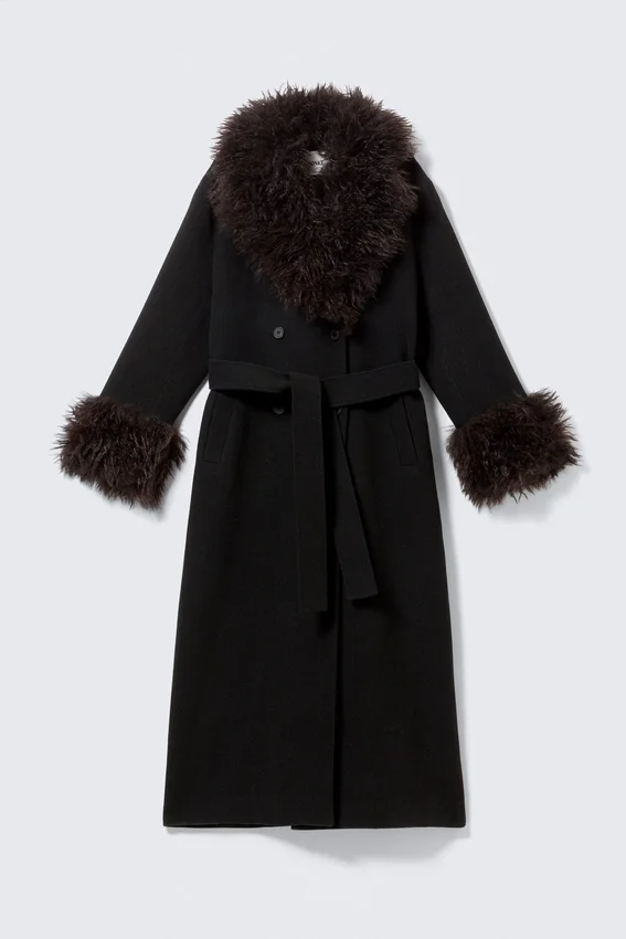 Langer Oversize-Mantel mit Kunstfellbesatz – Schwarz – Braunes Kunstfell Langer Oversize-Mantel mit Kunstfellbesatz – Schwarz – Braunes Kunstfell