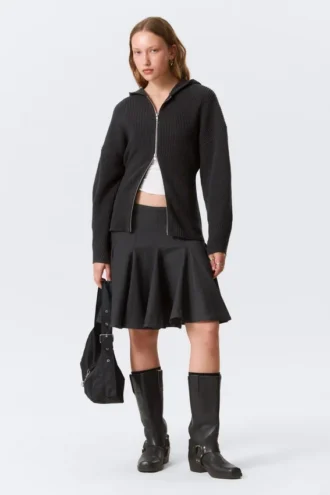 Langer Strick-Kapuzenpullover mit Reißverschluss – Schwarz