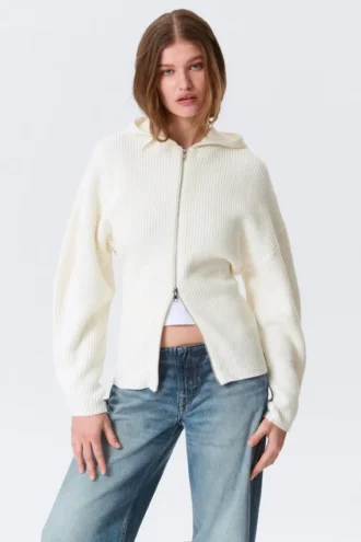 Langer Strick-Kapuzenpullover mit Reißverschluss – Weiß