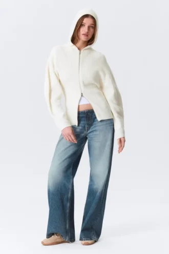 Langer Strick-Kapuzenpullover mit Reißverschluss – Weiß