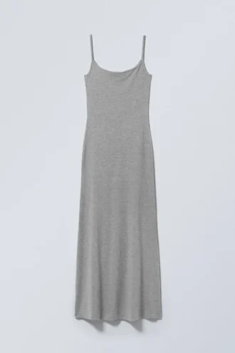 Langes, figurbetontes Trägerkleid – Grau meliert