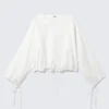 Langärmelige Bluse mit Kordelzug – Weiß Langärmelige Bluse mit Kordelzug – Weiß