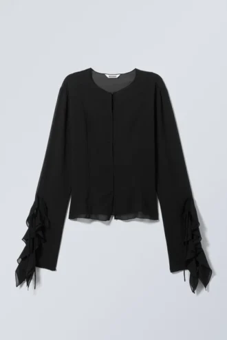 Langärmelige Bluse mit Rüschen – Schwarz