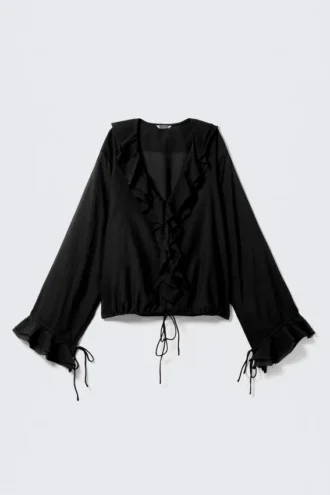 Langärmelige Wickelbluse mit Rüschen – Schwarz