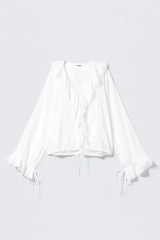 Langärmelige Wickelbluse mit Rüschen – Weiß