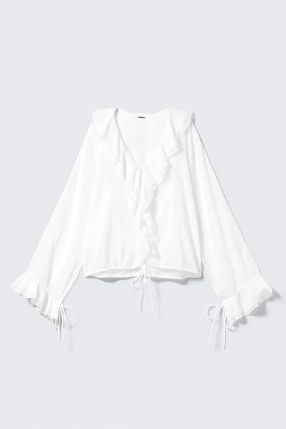 Langärmelige Wickelbluse mit Rüschen – Weiß Langärmelige Wickelbluse mit Rüschen – Weiß