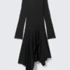 Langärmliges asymmetrisches Midikleid – Schwarz