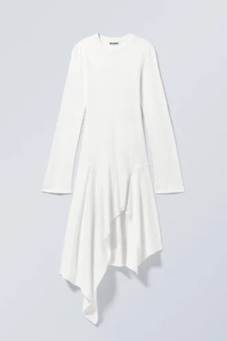 Langärmliges asymmetrisches Midikleid – Weiß