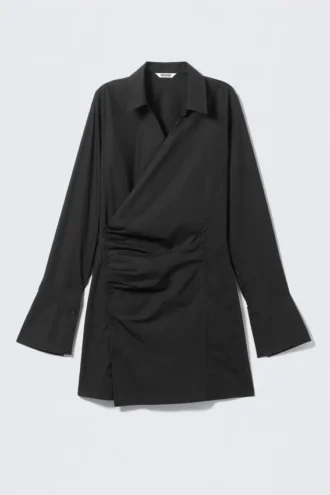 Langärmliges, asymmetrisches Mini-Hemd-Kleid – Schwarz