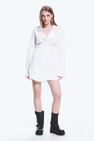 Langärmliges, asymmetrisches Mini-Hemd-Kleid – Weiß