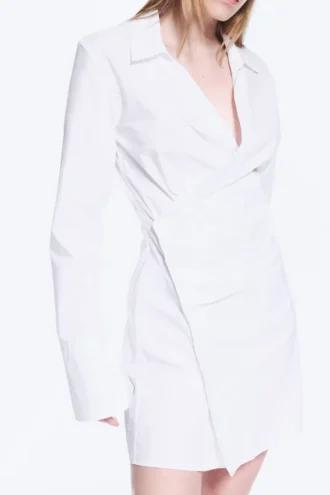 Langärmliges, asymmetrisches Mini-Hemd-Kleid – Weiß