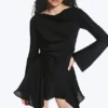 Langärmliges, asymmetrisches Satin-Mini-Kleid – Schwarz Langärmliges, asymmetrisches Satin-Mini-Kleid – Schwarz