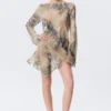 Langärmliges, asymmetrisches Satin-Minikleid – Beige – Schlangenhautmuster Langärmliges, asymmetrisches Satin-Minikleid – Beige – Schlangenhautmuster