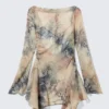 Langärmliges, asymmetrisches Satin-Minikleid – Beige – Schlangenhautmuster Langärmliges, asymmetrisches Satin-Minikleid – Beige – Schlangenhautmuster
