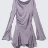 Langärmliges, asymmetrisches Satin-Minikleid – Flieder Langärmliges, asymmetrisches Satin-Minikleid – Flieder
