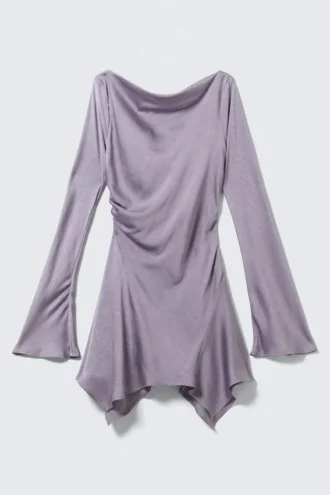 Langärmliges, asymmetrisches Satin-Minikleid – Flieder
