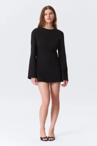 Langärmliges Baumwoll-Minikleid – Schwarz
