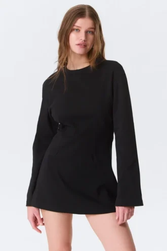Langärmliges Baumwoll-Minikleid – Schwarz