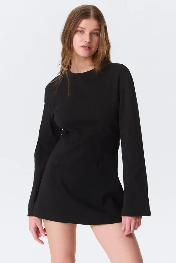 Langärmliges Baumwoll-Minikleid – Schwarz Langärmliges Baumwoll-Minikleid – Schwarz