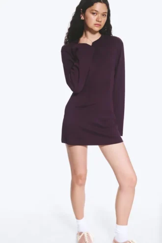 Langärmliges Minikleid aus Baumwolle – Dunkles Pflaumenblau