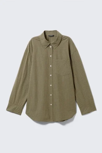 Langärmliges Oversize-Popeline-Hemd – kariert, dunkelkhaki-grün