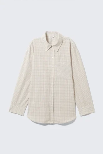 Langärmliges Oversize-Popeline-Hemd – Kariert, hellbeige