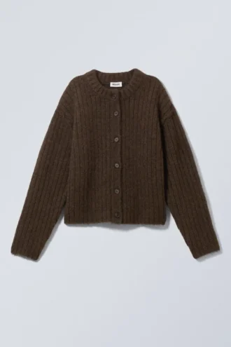 Locker gestrickte Strickjacke – Dunkelbraun meliert Locker gestrickte Strickjacke – Dunkelbraun meliert