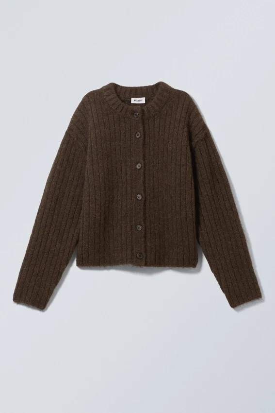 Locker gestrickte Strickjacke – Dunkelbraun meliert Locker gestrickte Strickjacke – Dunkelbraun meliert