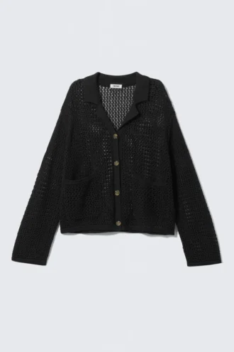 Locker gestrickte Strickjacke mit Knöpfen – Schwarz