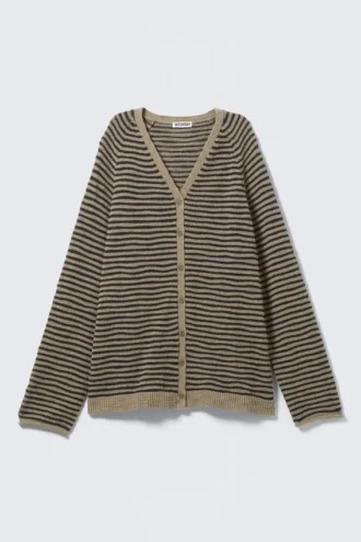 Locker gestrickte Strickjacke mit V-Ausschnitt – Beige – Schwarze Streifen