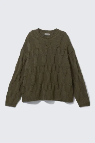 Locker gestrickter, strukturierter Pullover – Dunkelkhaki-Grün
