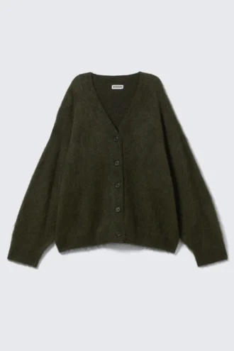 Locker sitzende Strickjacke mit V-Ausschnitt aus Mohairmischung – Dunkelgrün