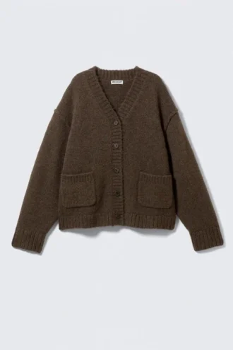 Locker sitzende Strickjacke mit V-Ausschnitt – Dunkelbraun meliert