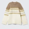 Locker sitzender, flauschiger Strickpullover – Weiß/Dunkelbeige Fairisle Locker sitzender, flauschiger Strickpullover – Weiß/Dunkelbeige Fairisle