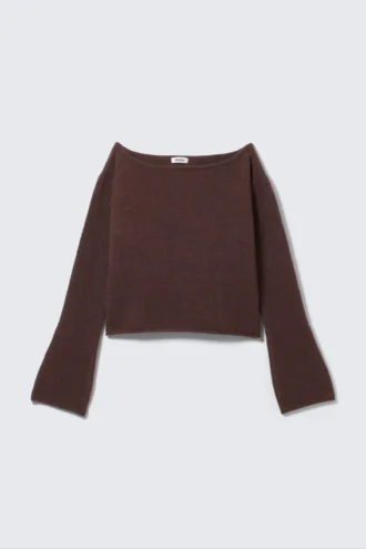Locker sitzender Pullover mit gerolltem Saum – Dunkelbraun