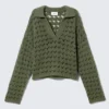 Locker sitzender Pullover mit offenem Strickmuster – Dunkelkhaki-Grün Locker sitzender Pullover mit offenem Strickmuster – Dunkelkhaki-Grün