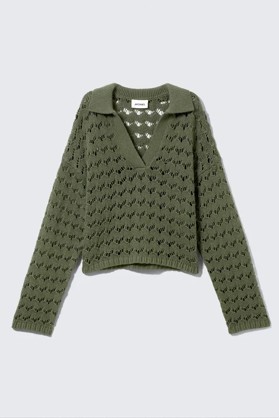 Locker sitzender Pullover mit offenem Strickmuster – Dunkelkhaki-Grün Locker sitzender Pullover mit offenem Strickmuster – Dunkelkhaki-Grün