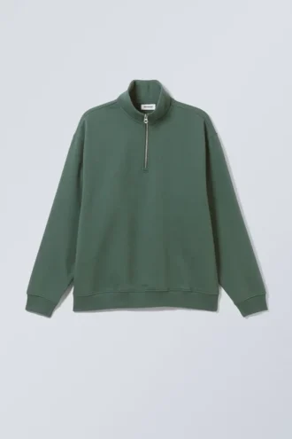 Locker sitzender, schwerer Pullover mit halbem Reißverschluss – Dunkelgrün
