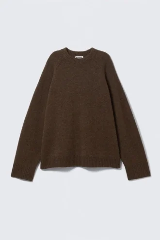 Locker sitzender Strickpullover aus Wolle – Dunkelbraun meliert
