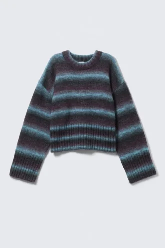 Locker sitzender Strickpullover – gestreift, türkis