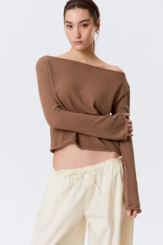 Locker sitzender Strickpullover mit U-Ausschnitt – Braun