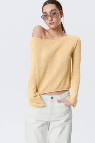 Locker sitzender Strickpullover mit U-Boot-Ausschnitt – Hellgelb Locker sitzender Strickpullover mit U-Boot-Ausschnitt – Hellgelb